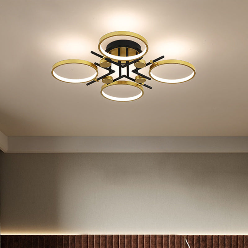 Modern 4/6-Light Semi Flush Mount Gold Hoop Ceiling Mount Chandelier with Metal Frame in Warm/White/3 Color Light