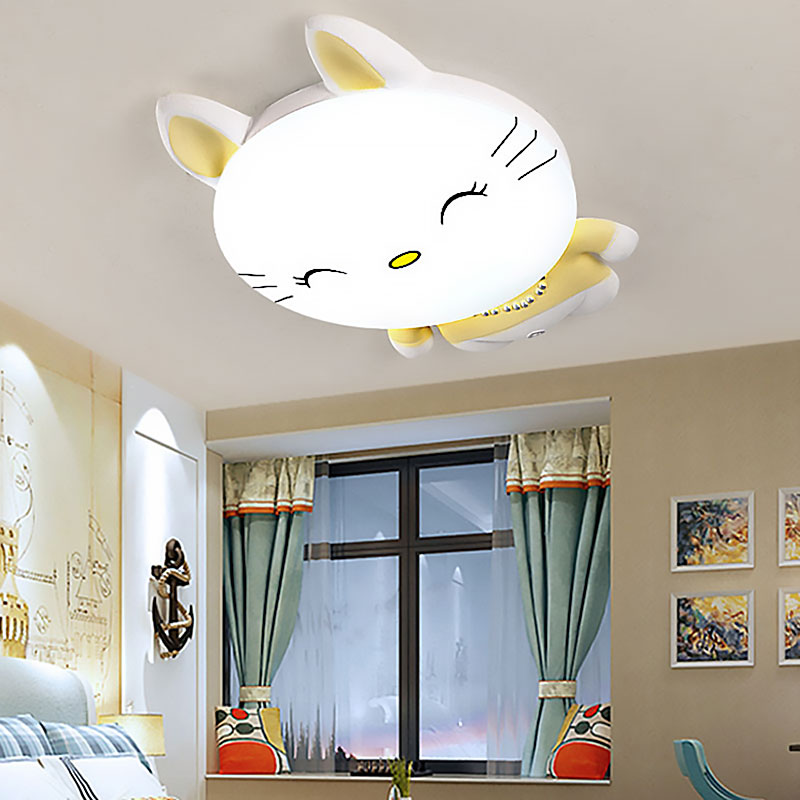 Jaune Smiling Kitten Flush Ceiling Light Animal Acrylique Ceiling Lamp for Child Bedroom