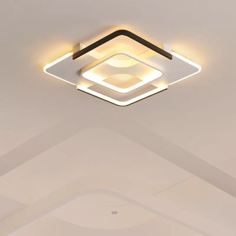 Minimalism LED Ceiling Flush Mount Black and White Square Flush Light with Acrylic Shade in Warm/White/3 Color Light, 16"/19.5" Wide