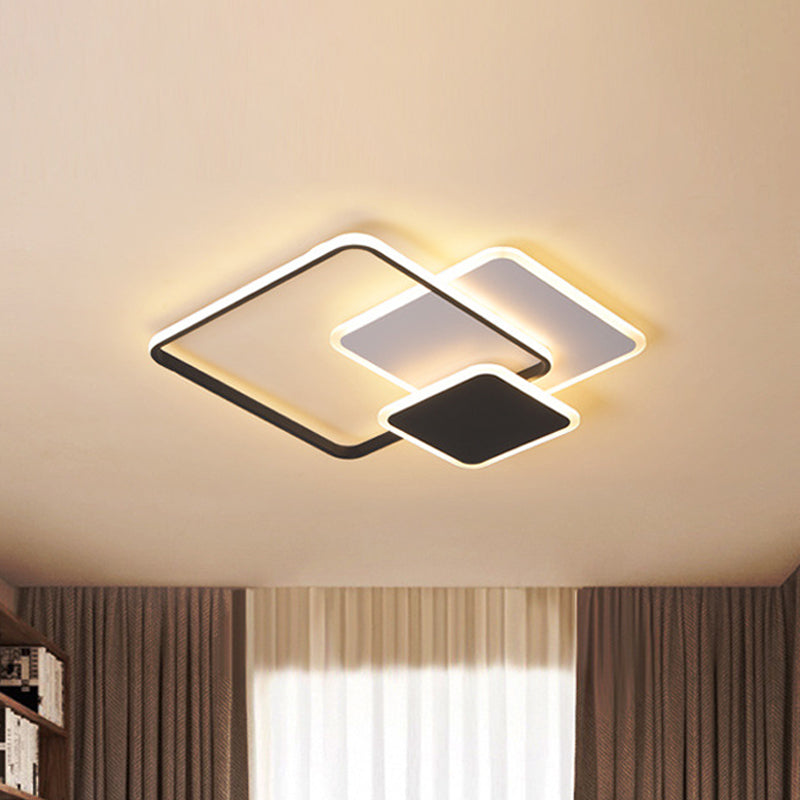 3-Layer Square Acrylic Flushmount Contemporary Black and White LED Ceiling Lighting in Warm/White/3 Color Light, 19.5"/23.5" Wide
