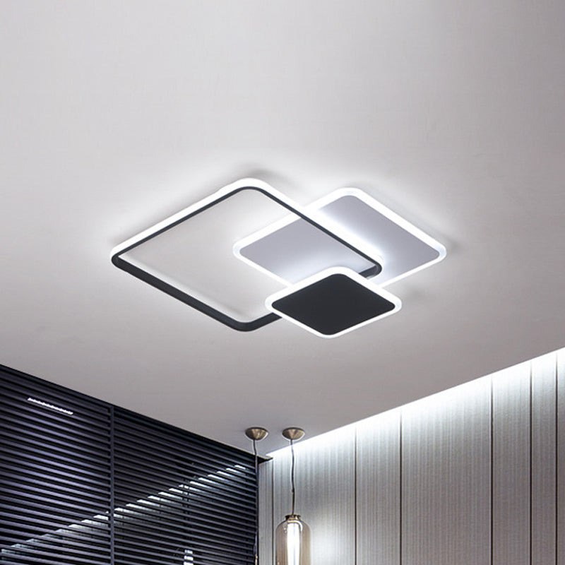 3-Layer Square Acrylic Flushmount Contemporary Black and White LED Ceiling Lighting in Warm/White/3 Color Light, 19.5"/23.5" Wide