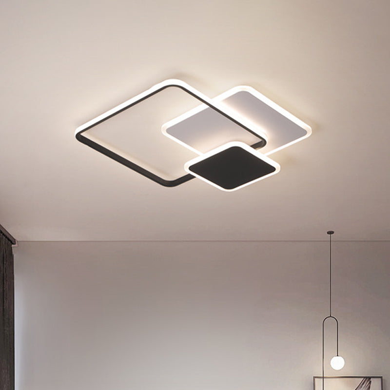 3-Layer Square Acrylic Flushmount Contemporary Black and White LED Ceiling Lighting in Warm/White/3 Color Light, 19.5"/23.5" Wide