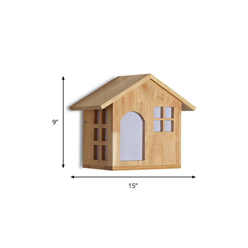 Kids Lodge Shaped Wall Sconce Wood Beige Sconce Light for Restaurant Child Bedroom