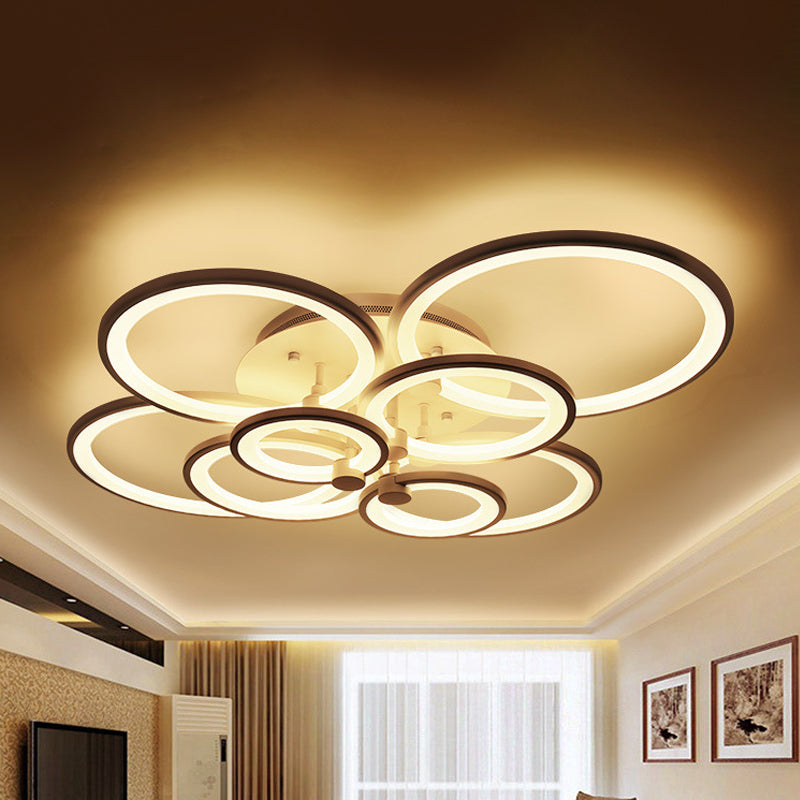 Multiple-Ring Metal Ceiling Lighting Modernist 4/6/8-Bulb Black/White LED Semi Flush Light for Living Room