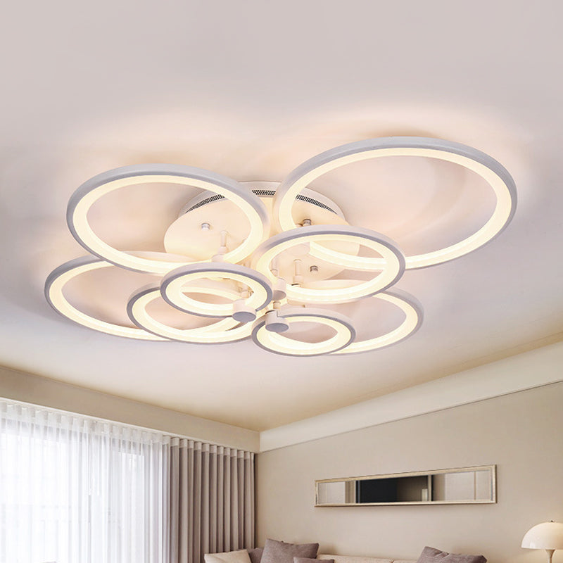 Multiple-Ring Metal Ceiling Lighting Modernist 4/6/8-Bulb Black/White LED Semi Flush Light for Living Room