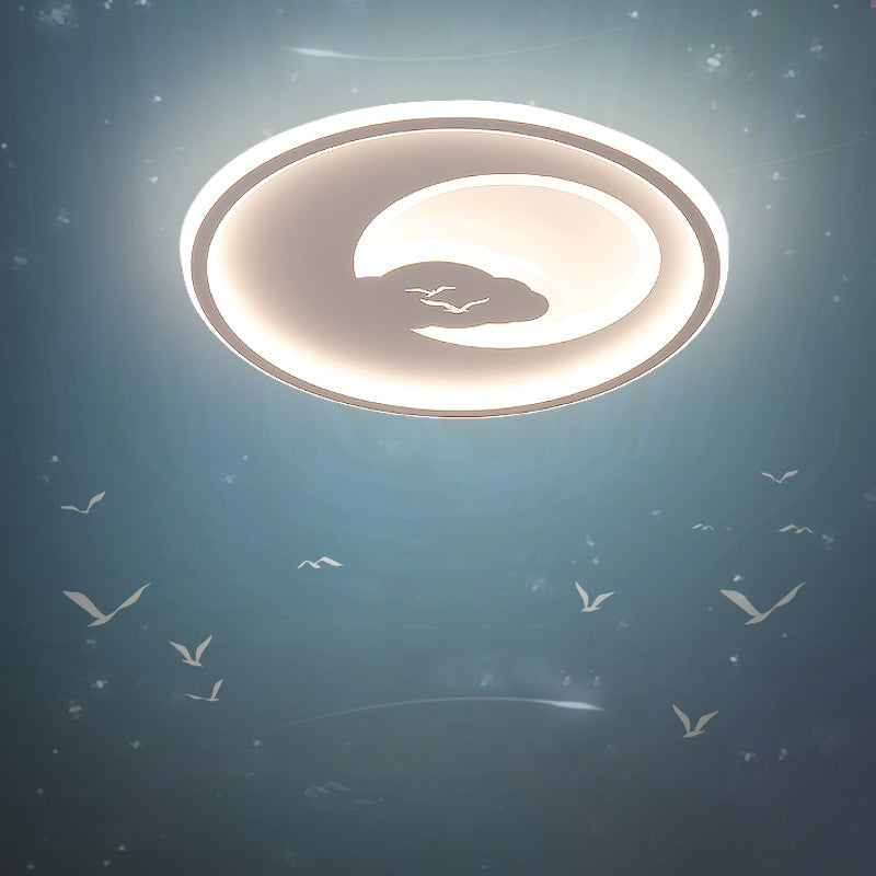 Pink/White Circle LED Ceiling Fixture Modern 16"/19.5" Dia LED Acrylic Flush Mount Light with Moon and Bird Pattern, Warm/White Light