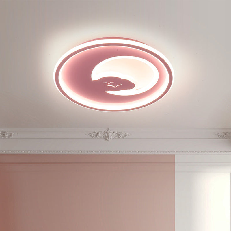 Pink/White Circle LED Ceiling Fixture Modern 16"/19.5" Dia LED Acrylic Flush Mount Light with Moon and Bird Pattern, Warm/White Light