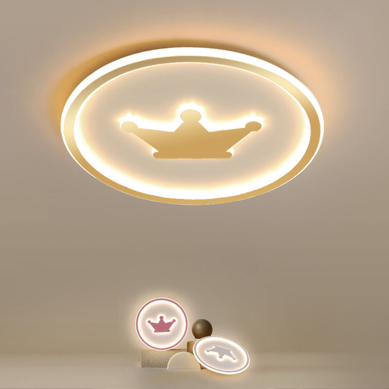 Lámpara de techo circular LED para habitación de niños, acrílica, con montaje empotrado, corona de dibujos animados, en rosa/dorado/blanco, 16 "/19,5" de ancho