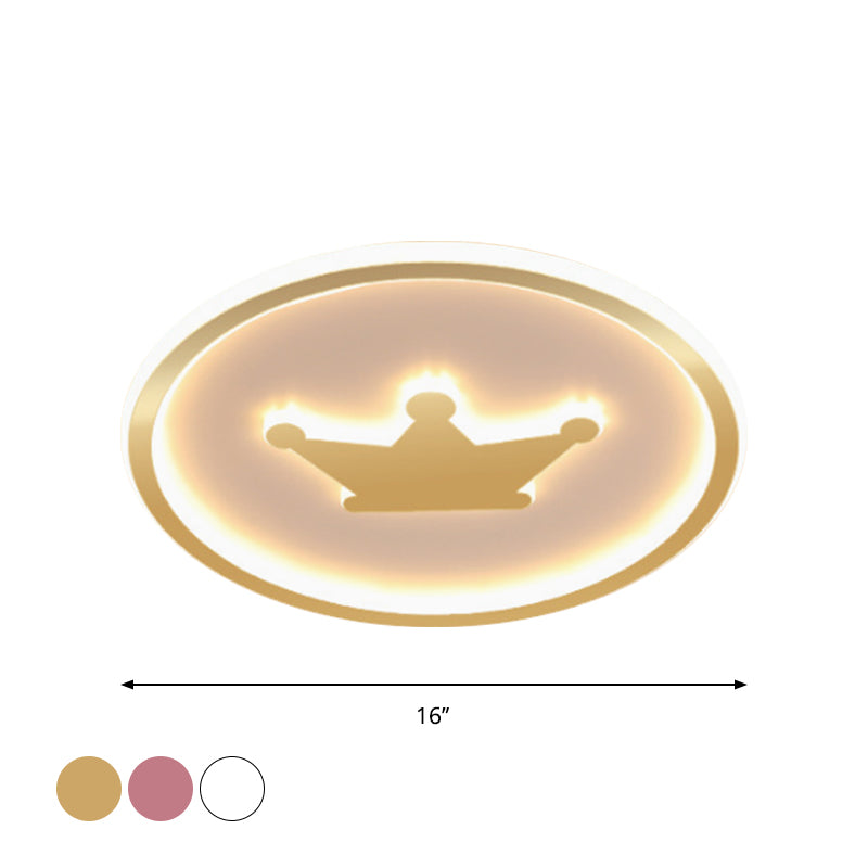 Lámpara de techo circular LED para habitación de niños, acrílica, con montaje empotrado, corona de dibujos animados, en rosa/dorado/blanco, 16 "/19,5" de ancho