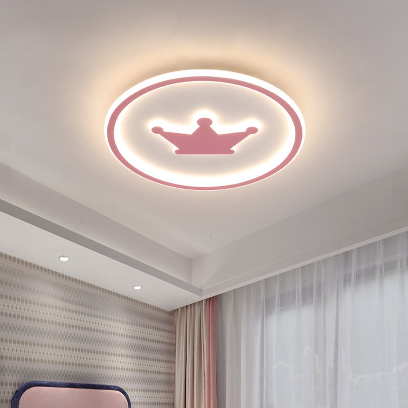 Lámpara de techo circular LED para habitación de niños, acrílica, con montaje empotrado, corona de dibujos animados, en rosa/dorado/blanco, 16 "/19,5" de ancho
