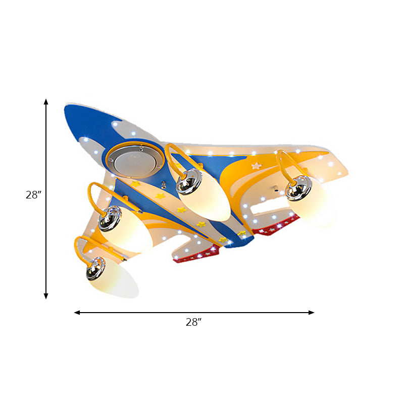 Eigentijdse blauwe plafondlamp gevechtsvliegtuig 6-lichts houten plafondlamp voor verpleegkamer