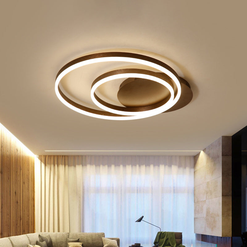 Metallic Dual-Ring Ceiling Light Modern 16"/19.5"/23.5" Dia LED Coffee Flush Mounted Lamp in Warm/White Light for Living Room