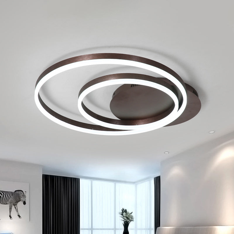 Metallic Dual-Ring Ceiling Light Modern 16"/19.5"/23.5" Dia LED Coffee Flush Mounted Lamp in Warm/White Light for Living Room