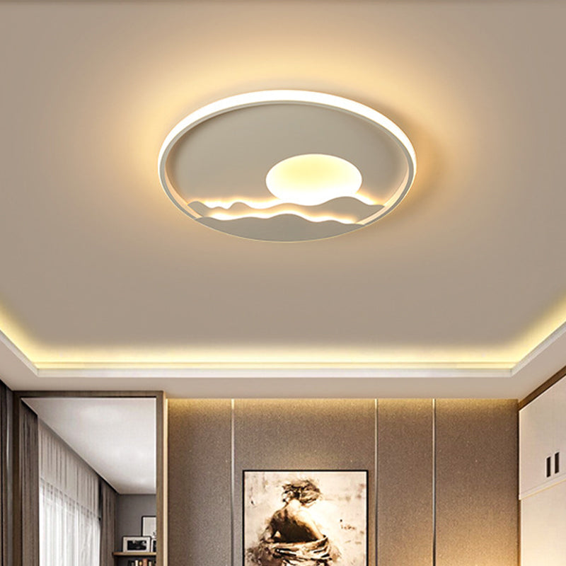 Ultradelgado círculo acrílico de color acrílico moderno 16 "/19,5" /23,5 " W Luz de montaje de techo blanco LED con patrón de sol, luz cálida/blanca