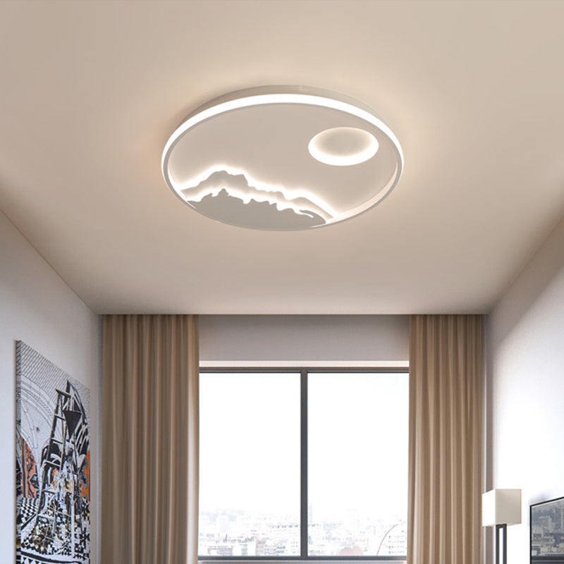 Lámpara de techo circular LED moderna, montaje empotrado con paisaje de amanecer de montaña blanco con pantalla acrílica en luz blanca/cálida, 17"/20,5"/25" W