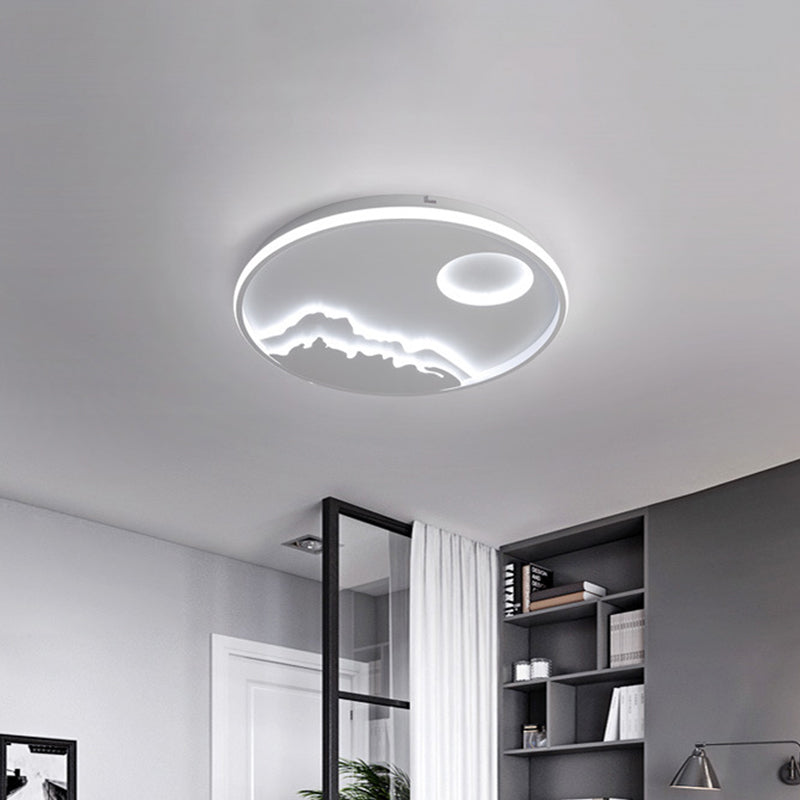 Lámpara de techo circular LED moderna, montaje empotrado con paisaje de amanecer de montaña blanco con pantalla acrílica en luz blanca/cálida, 17"/20,5"/25" W