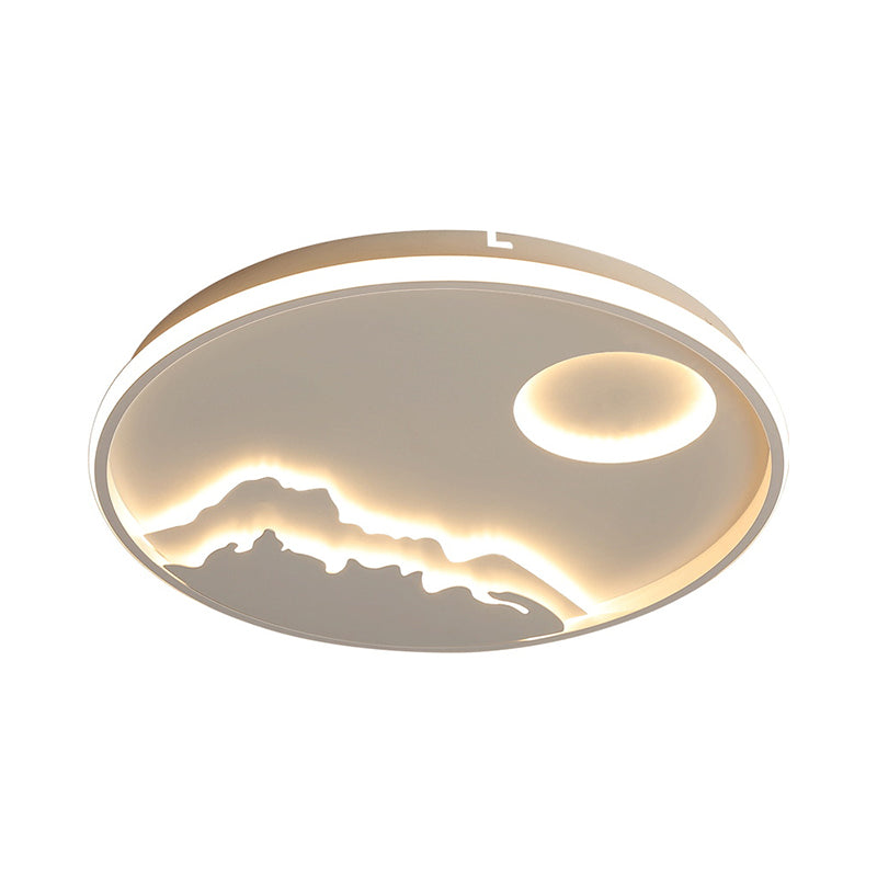 Lámpara de techo circular LED moderna, montaje empotrado con paisaje de amanecer de montaña blanco con pantalla acrílica en luz blanca/cálida, 17"/20,5"/25" W