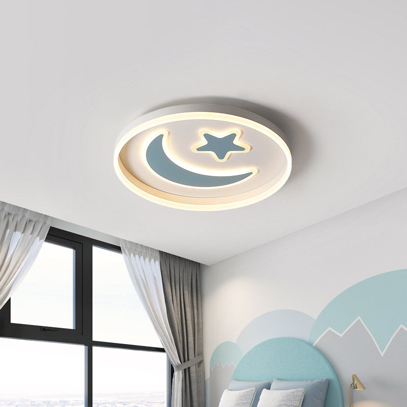 Kids Circular Flush Mount Lighting Acrylic Bedroom LED Ceiling Light with Moon-Star Pattern in Black/White/Pink