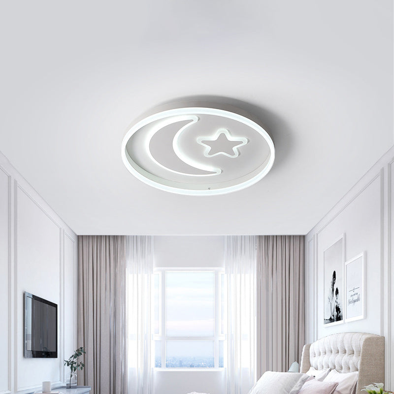 Kids Circular Flush Mount Lighting Acrylic Bedroom LED Ceiling Light with Moon-Star Pattern in Black/White/Pink
