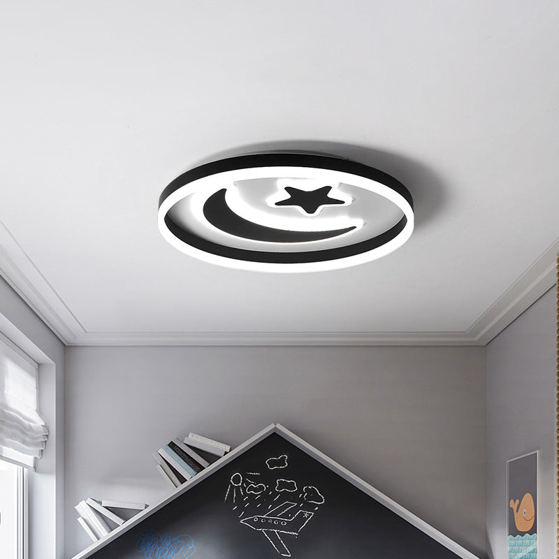 Kids Circular Flush Mount Lighting Acrylic Bedroom LED Ceiling Light with Moon-Star Pattern in Black/White/Pink