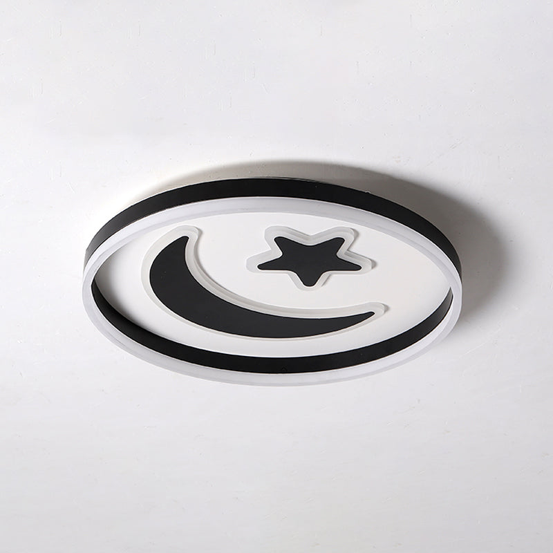 Kids Circular Flush Mount Lighting Acrylic Bedroom LED Ceiling Light with Moon-Star Pattern in Black/White/Pink