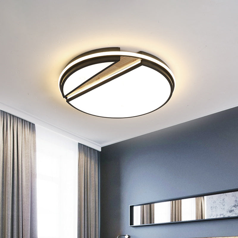 Modern Circle Segment Flush Mount Metal Bedroom LED Close to Ceiling Light in Black and Wood, White/3 Color Light