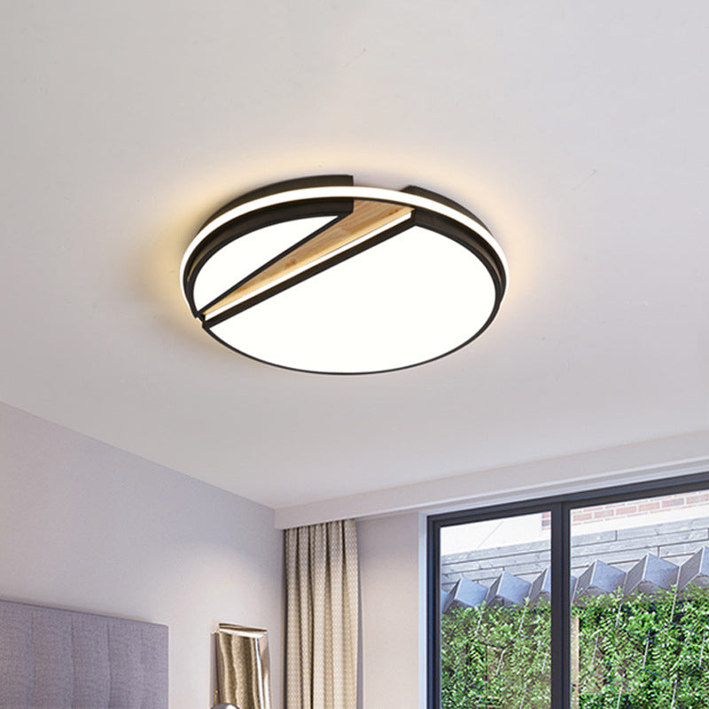 Modern Circle Segment Flush Mount Metal Bedroom LED Close to Ceiling Light in Black and Wood, White/3 Color Light