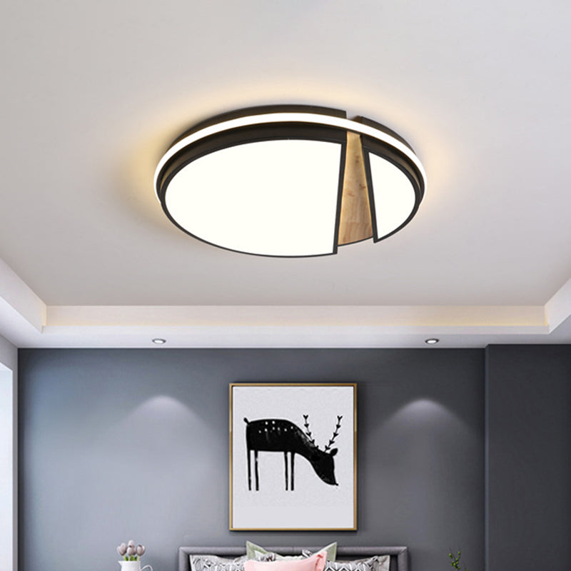 Modern Circle Segment Flush Mount Metal Bedroom LED Close to Ceiling Light in Black and Wood, White/3 Color Light