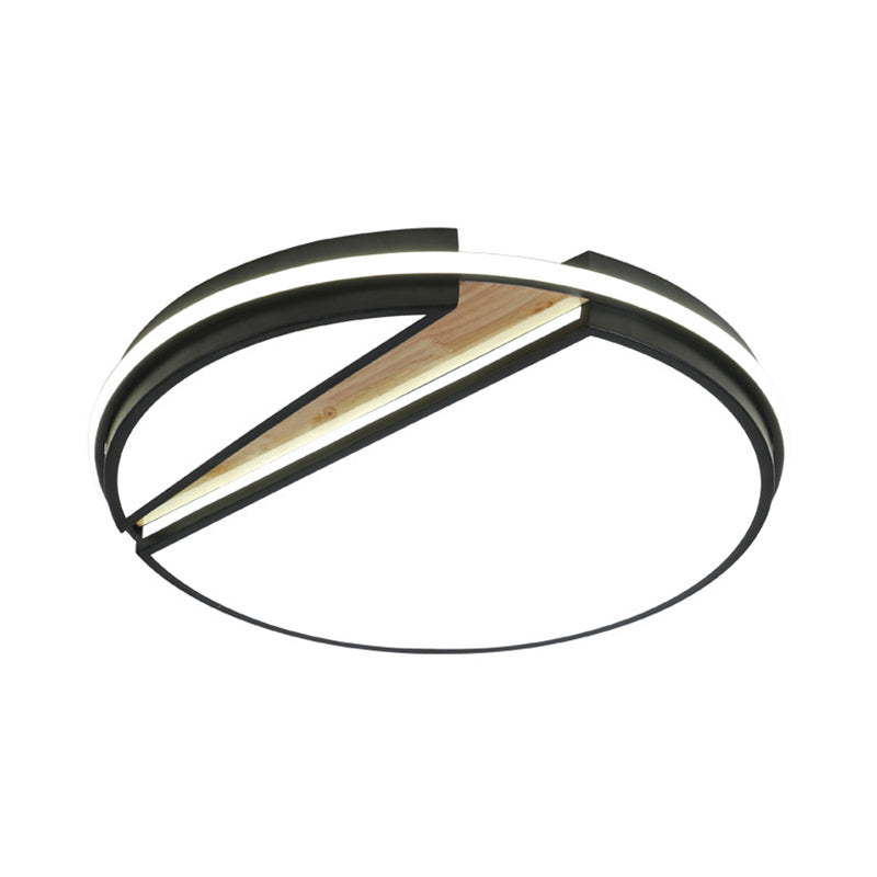 Modern Circle Segment Flush Mount Metal Bedroom LED Close to Ceiling Light in Black and Wood, White/3 Color Light