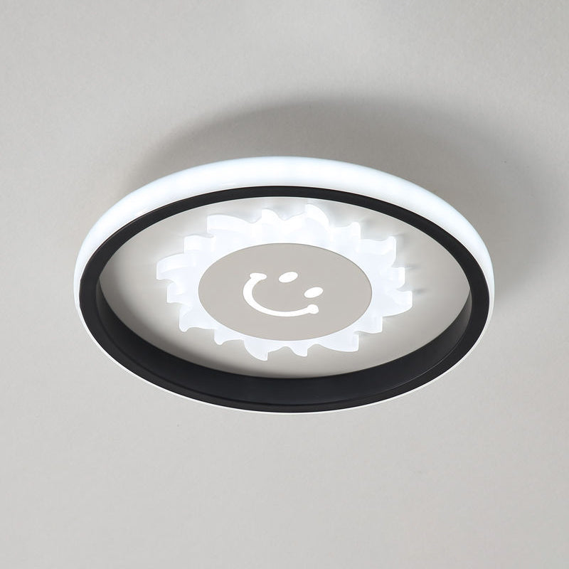 Circular LED Flush Light Fixture Cartoon Acrylic Black Ceiling Mount Lamp with Smile/Anchor/Panda Pattern