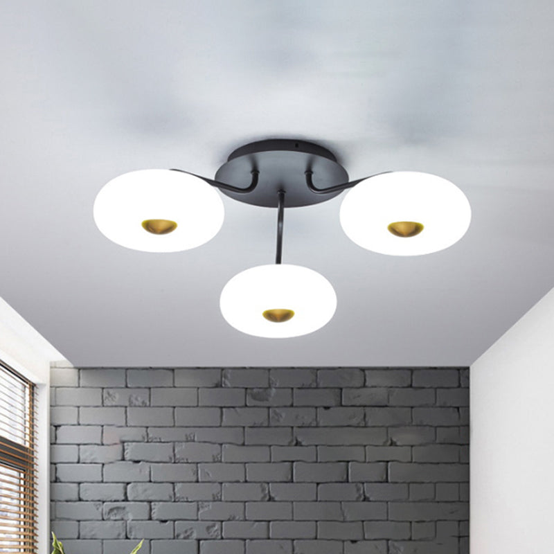 Black Branched Semi Flush Chandelier Modern 3 Bulbs Metal Ceiling Light with Round Acrylic Shade, White/3 Color Light