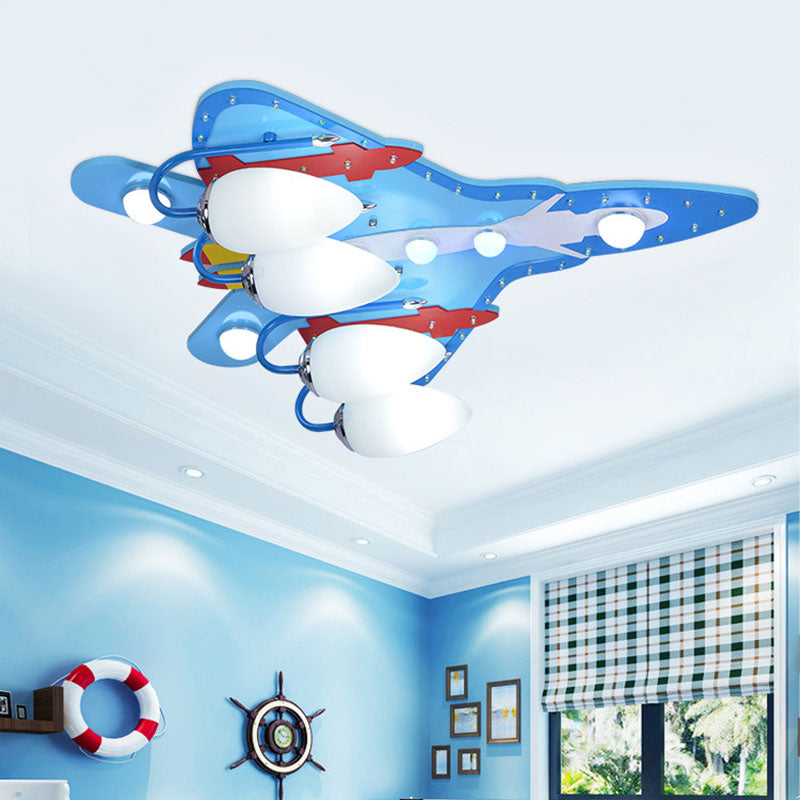 Kids Cool Blue Flush Ceiling Light Fighter Plane Wood Flushmount Light for Boys Bedroom