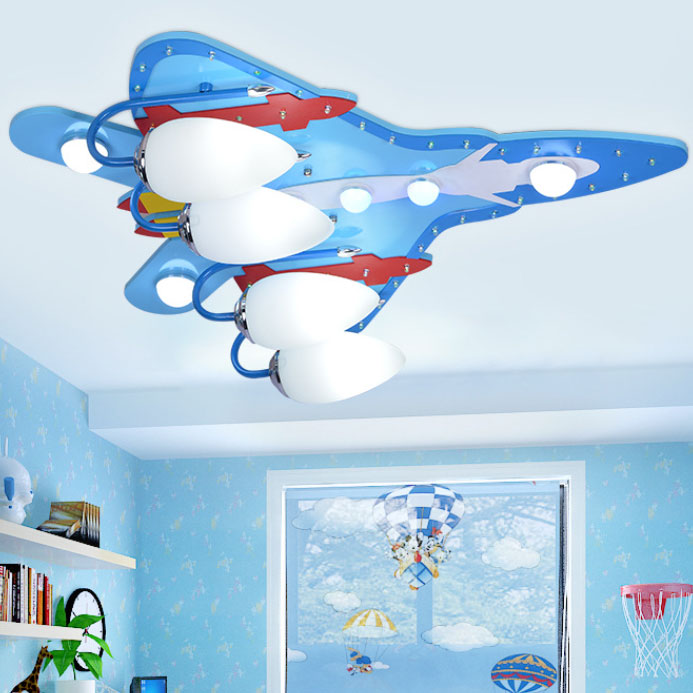 Kids Cool Blue Flush Ceiling Light Fighter Plane Wood Flushmount Light for Boys Bedroom