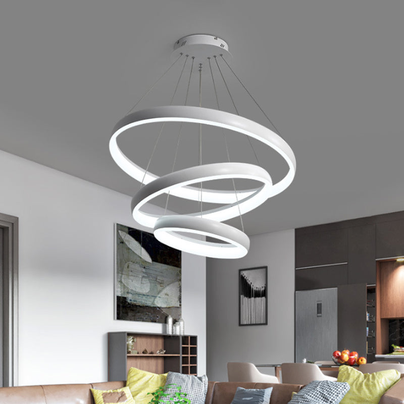 1/2/3-Layered Circle Chandelier Nordic Metallic Dining Room LED Ceiling Pendant Light in White