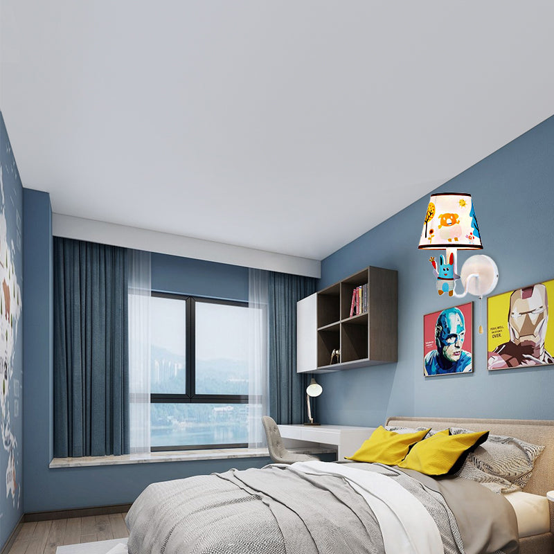 Blue Rabbit Wall Light with Fabric Shade Hallway Stairway 1 Light Metal Cartoon Wall Lamp