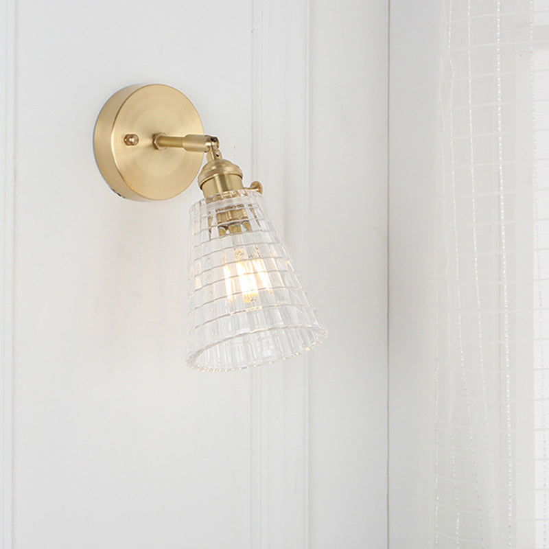 Conical Rotating Wall Light Kit Postmodern Clear Ribbed/Grid Glass 1 Light Gold Wall Mounted Lamp