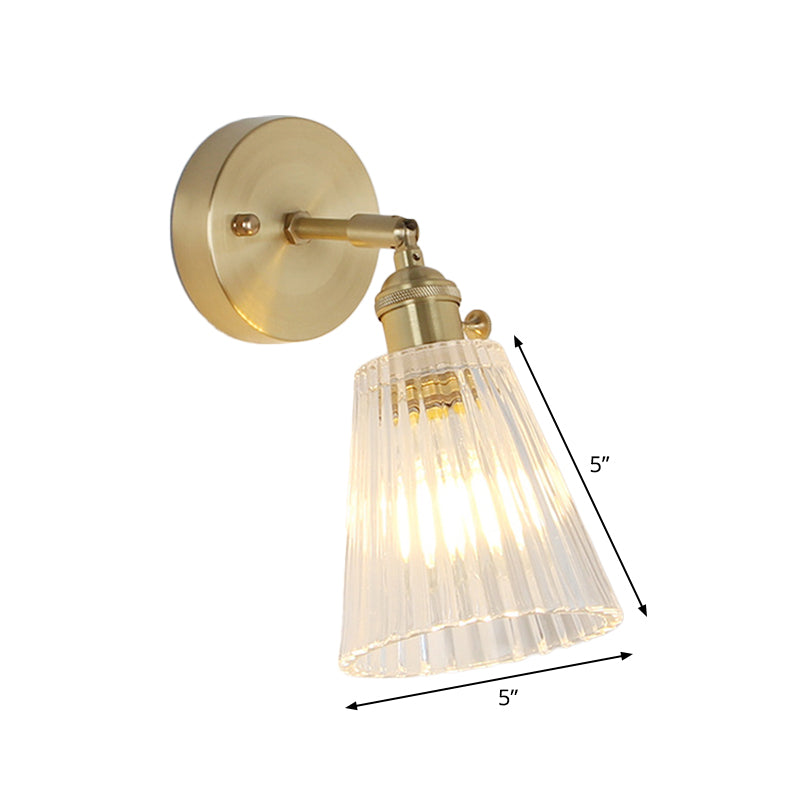 Conical Rotating Wall Light Kit Postmodern Clear Ribbed/Grid Glass 1 Light Gold Wall Mounted Lamp