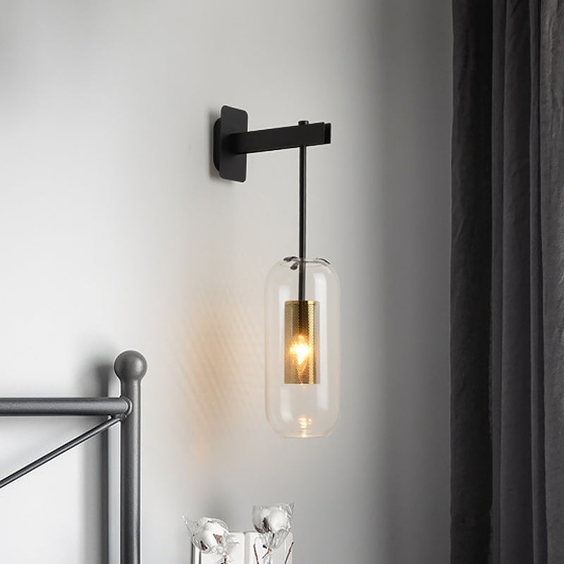 Postmodern Capsule Wall Hanging Light Clear Glass 1 Bulb Bedside Wall Mounted Lamp with Interior Mesh Guard in Black/Gold