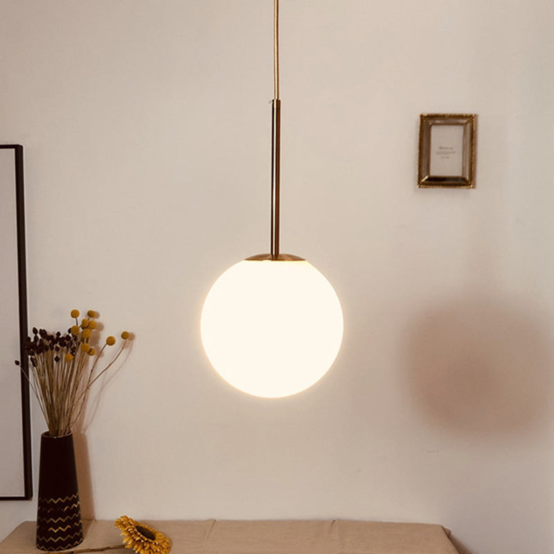 Simple Ball Shaped Drop Pendant White Glass 1 Light 6"/8"/10" Dia Bedroom Pendulum Light in Brass