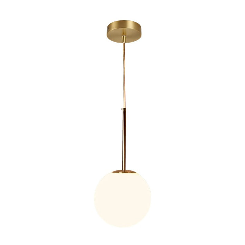 Simple Ball Shaped Drop Pendant White Glass 1 Light 6"/8"/10" Dia Bedroom Pendulum Light in Brass