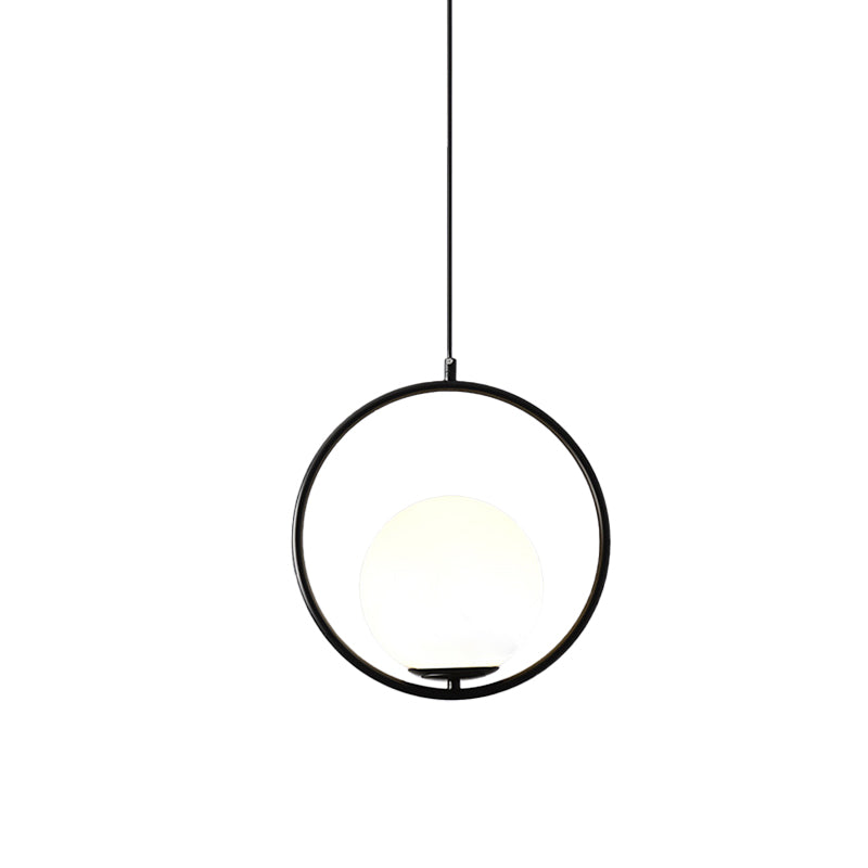 Sfera nera/oro Lampada sospesa Postmoderna Single glassata in vetro bianco Apparecchiatura a sospensione ad anelli a sospensione, 10 "/12"/14 "W