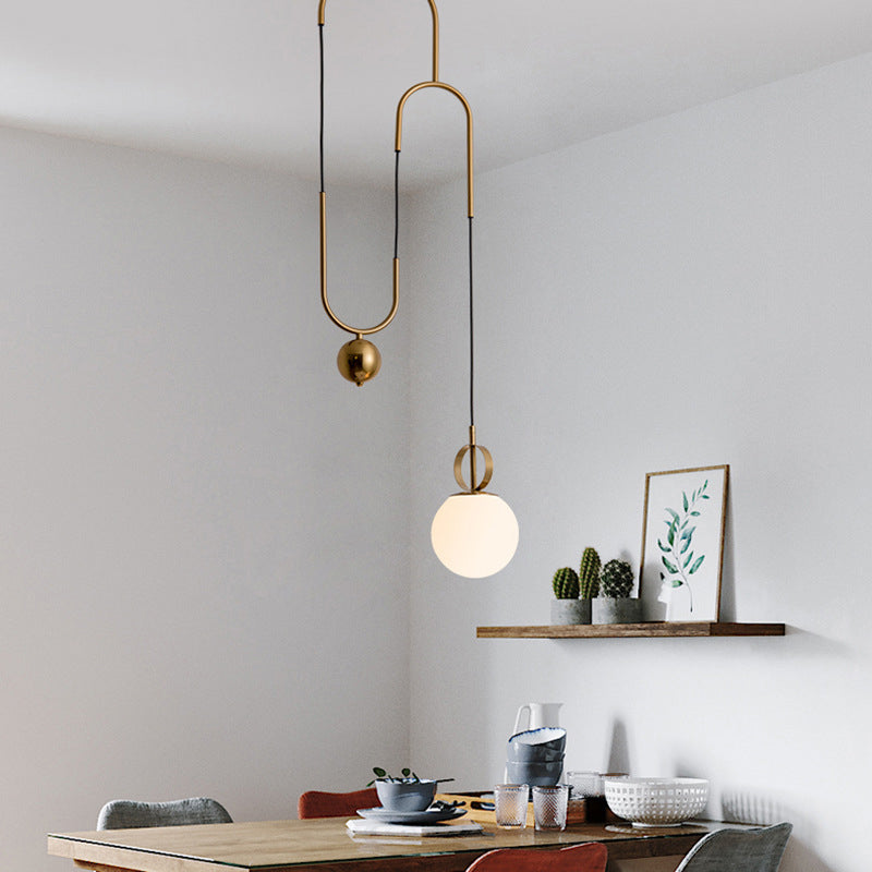 Opaline Glass Ball Shade Pendant Light Kit Postmodern 1-Light Hanging Lamp with Pulley in Gold