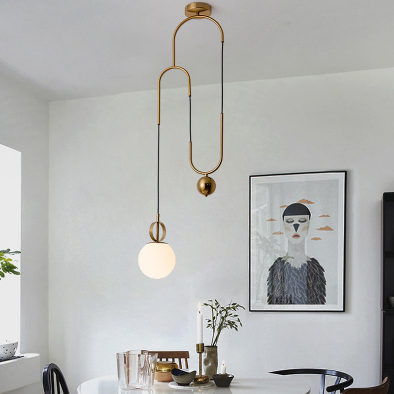 Opaline Glass Ball Shade Pendant Light Kit Postmodern 1-Light Hanging Lamp with Pulley in Gold