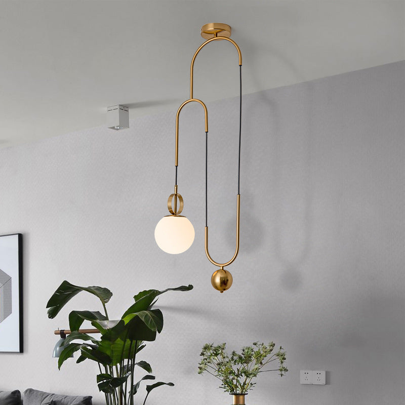 Opaline Glass Ball Shade Pendant Light Kit Postmodern 1-Light Hanging Lamp with Pulley in Gold