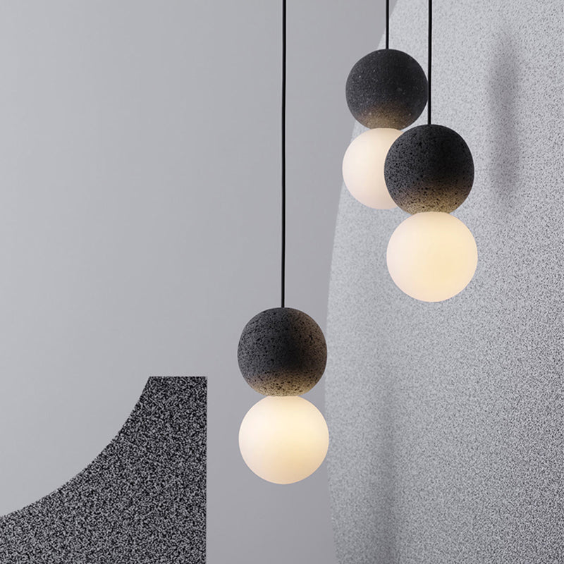 Cement Twin Ball Ceiling Hang Light Postmodernist 1 Light Black Pendant Lamp with Opal Glass Shade
