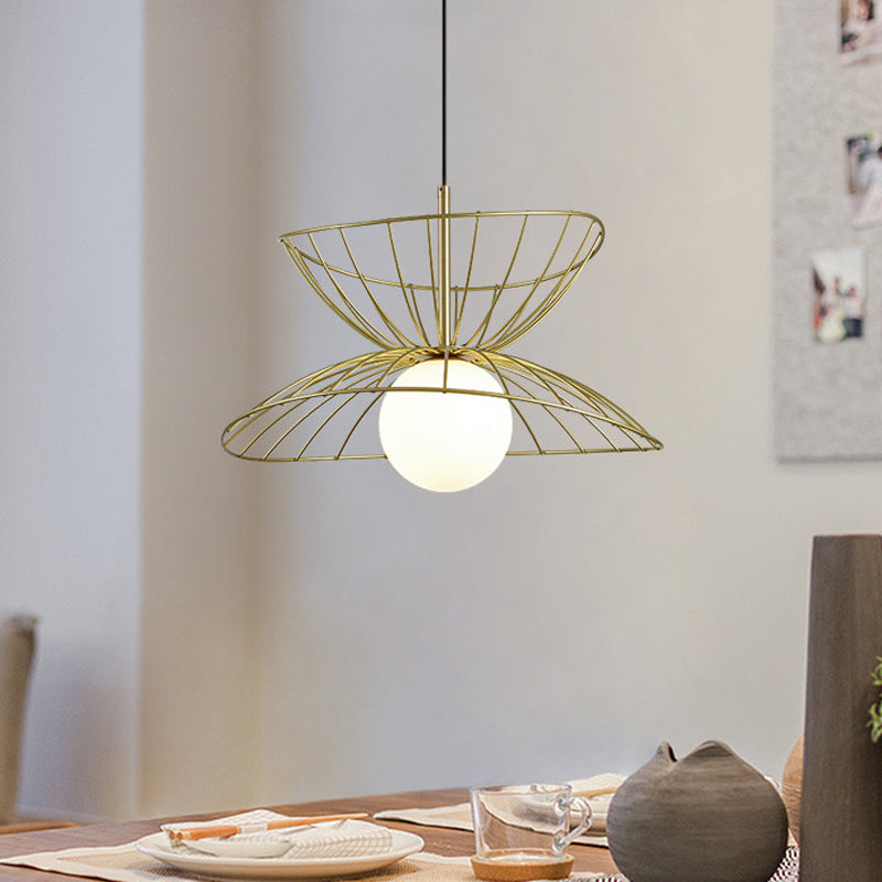 Black/Gold Double-Flared Pendulum Light Modern 1 Head Metal Ceiling Pendant Lamp with Ball Opal Glass Bottom