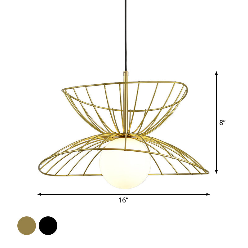 Black/Gold Double-Flared Pendulum Light Modern 1 Head Metal Ceiling Pendant Lamp with Ball Opal Glass Bottom