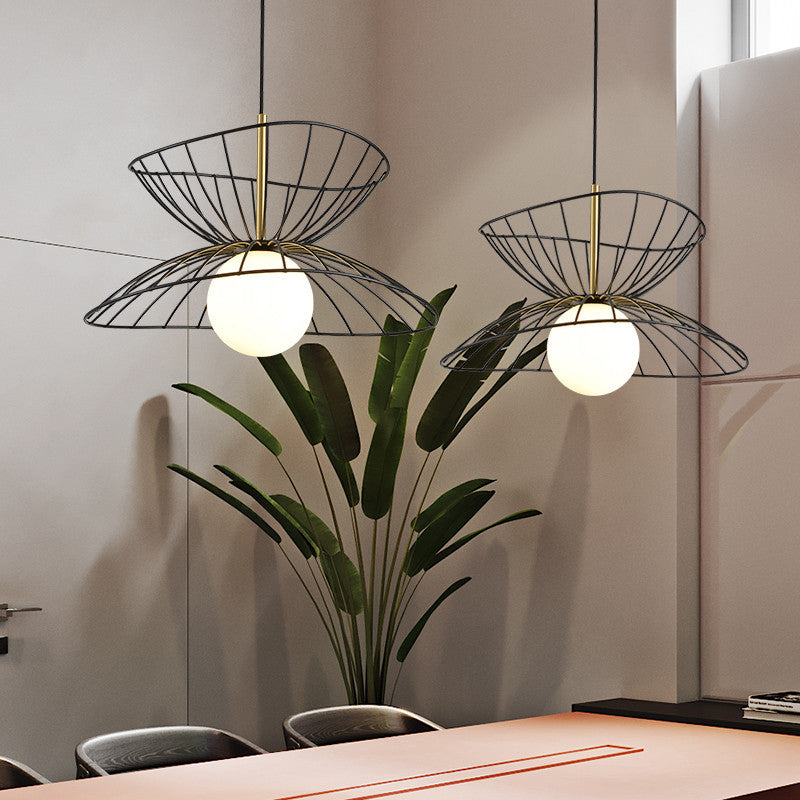 Black/Gold Double-Flared Pendulum Light Modern 1 Head Metal Ceiling Pendant Lamp with Ball Opal Glass Bottom