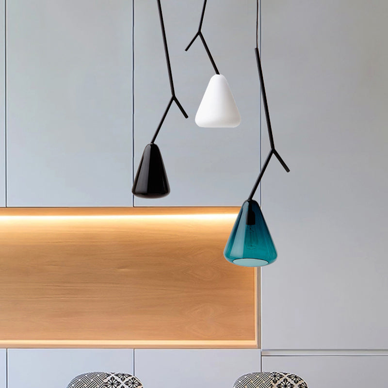 Black Branchlet Down Lighting Pendant Nordic 1 Bulb Metal Suspended Lighting Fixture with Conical Blue/Black/White Glass Shade