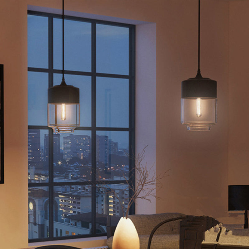 1 Light Restaurant Down Lighting Modern Black Pendant Lamp with Jar Clear Glass Shade